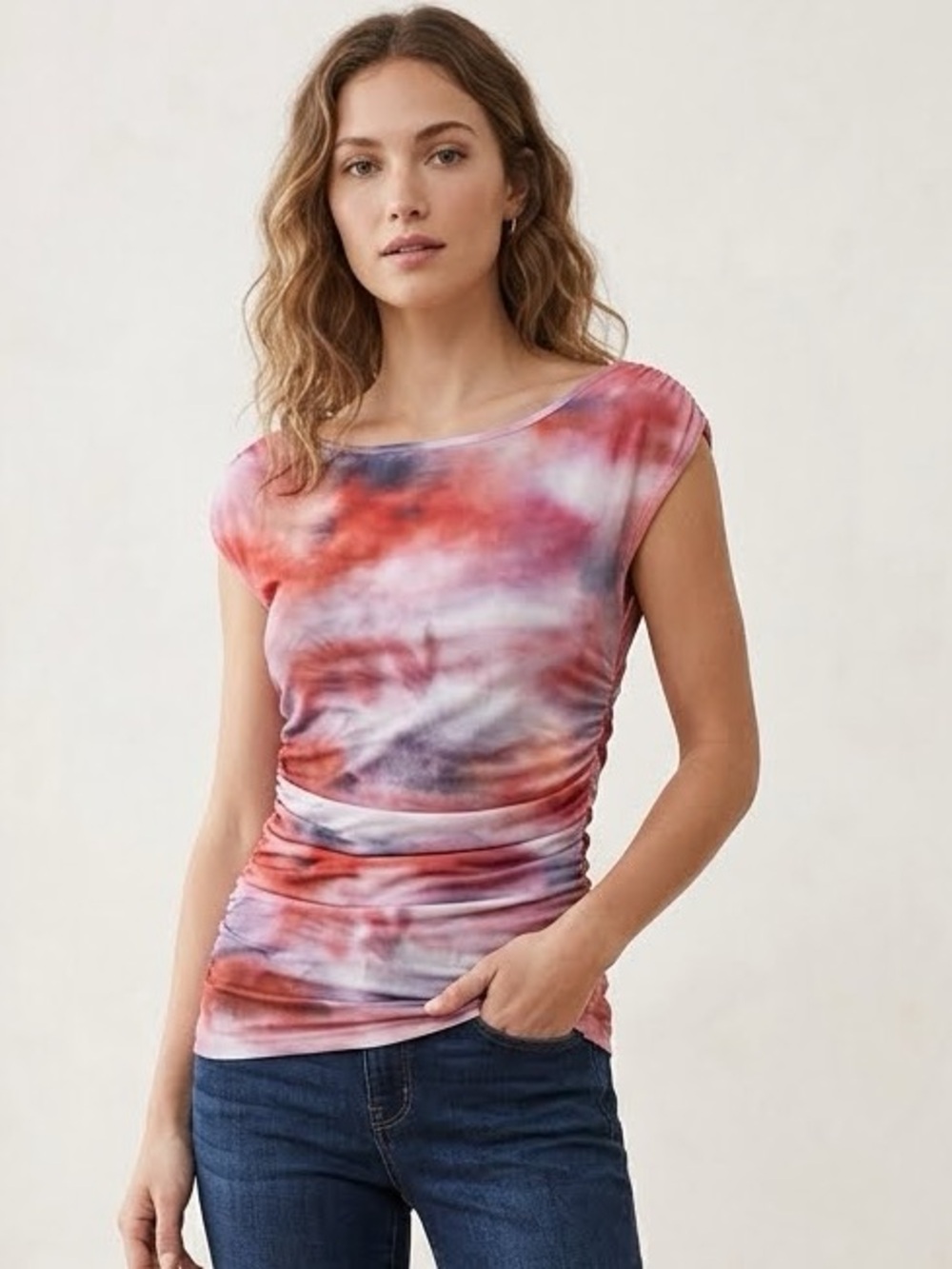 Sleeve Cap Tie-Dye Ruched Women's Top in Red Pink Purple